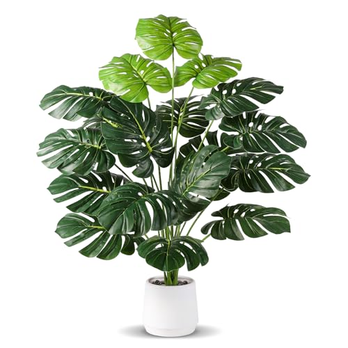 Pertivery 28'' Fake Plants Large Artificial Monstera Faux Plants Indoor Tall Plant, Pre-Assembled with White Planter Ideal, for Home Living Rooms, Patios, Porches, Bathrooms, and Outdoor Decor DIY
