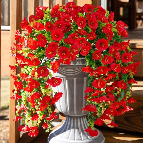 Ivydale 2 PCS Artificial Hanging Flowers Fake Plants Outdoor,Silk Morning Glory Faux Flowers with Eucalyptus Leaves,UV Resistant Realistic Hanging Petunias Plants for Home Garden Decor (Red) - color: Red