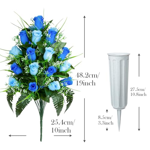 Artificial Cemetery Flowers - Set of 2 Grave Memorial Rose Flowers with Vase for Cemetery Headstones Gravesites Decoration (Dark Blue & Light Blue) - color: Dark Blue & Light Blue