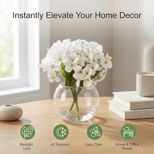 2 Pcs Hydrangea Artificial Flowers - Fake Flowers Real Touch Floral Arrangement with Faux Water in Glass Vase, Home, Bathroom and Office Table Centerpiece Decor（White） - color: White