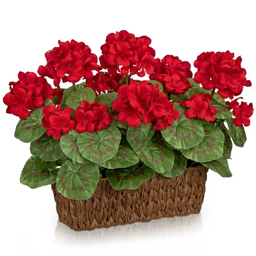 Briful Artificial Geraniums Flowers in Woven Basket Planter, Real Faux Red Silk Geranium Blooms for Outdoor Patio Porch, 13.8" Fake Potted Plant for Home Office Indoor Window Table Centerpiece Décor - color: Red#585