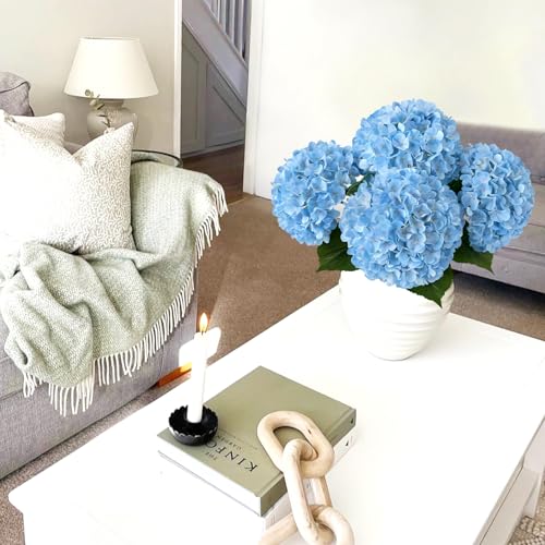 JINWOE Boho Light Blue Fake Hydrangea Artificial Flowers, 4Pcs 22" Large Lifelike Silk Artificial Hydrangeas, Full Fake Flowers for Bouquet Table Centerpieces Wedding Indoor Home - color: Light Blue