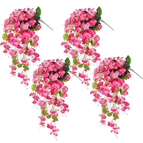 Artificial Fake Hanging Flowers Plants for Outdoor, Faux Silk Hibiscus Long Trailing Vines Realistic UV Resistant for Home Indoor Outside Front Porch Planter Patio Yard Decor,2Pcs (Pink 4Pcs) - color: Pink 4pcs