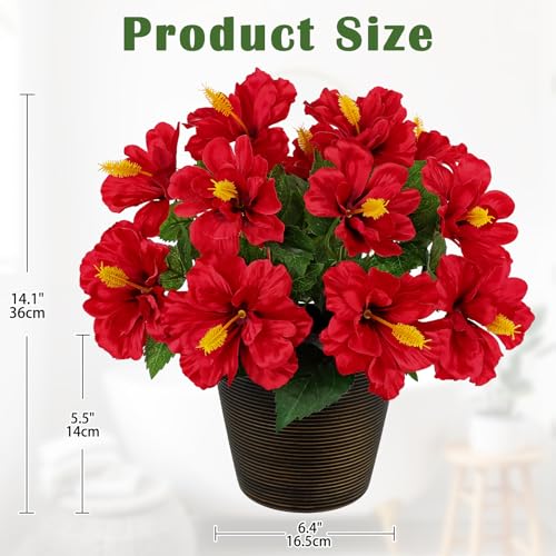 Briful Artificial Hibiscus Flowers in Brown Pot, 14.1" Faux Tropical Flower Plant for Outdoor Porch, Potted Red Hibiscus Tabletop Decor for Living Room, Dining Table, Office, Indoor Home Décor - color: 14'' Red#596