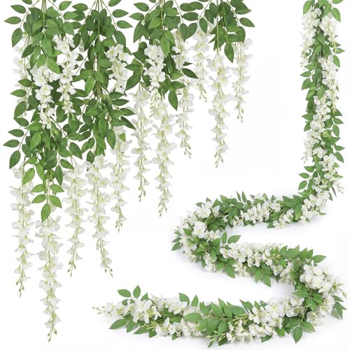Findosom Wisteria Artificial Flowers Garland, 15Pcs Total 108FT White Wisteria Hanging Flowers, Flower Garland Decorations for Home Garden Outdoor Ceremony Wedding Arch Decoration - color: White, size: 15 PCS