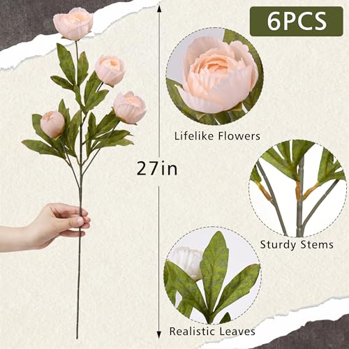 Waipfaru 6 Pcs Faux Peonies Artificial Flowers for Vase, 27" Fake Silk Peonies Flowers for Wedding, Vase Filler Champagne Flowers for DIY Bouquets Centerpieces Bridal Shower Office Decor - color: Champagne, size: 6Pcs