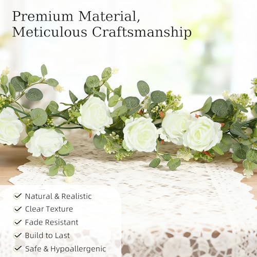 Lewondr Artificial Eucalyptus Garland with Flower, 2Pack 13FT Faux Floral Greenery Garlands Fake Flowers Vines, Maintenance-Free for Wedding Table Backdrop Party Centerpiece Room Decor, White - color: White Color, size: 2 Pack
