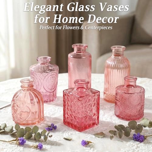 Set of 30 Pink Colored Glass Bud Vases - Small Textured Flower Vases for Centerpieces, Wedding Table Decor, Retro Home Decor Bulk Vase Set for DIY, Events & Gifts - color: Pink