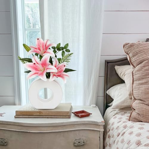 Artificial Flowers in Vase 13" Realistic Fake Lilies Flowers with 3 Heads Full Bloom Tiger Lily Floral Arrangement Pink Faux Flowers for Vase Table Centerpieces Home Wedding Bathroom Office Decor - color: Pink