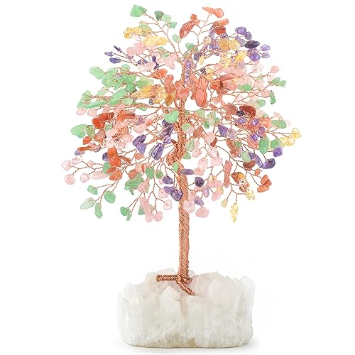 Chakra Crystal Tree of Life Natural Gemstone Healing Crysals(406 Stone Count) with Clear Quartz Base,Fengshui Decor Money Tree,Positive Energy Lucky Gift Height 8.5-9 Inches - color: Muilti Chakra Tree With Quartz Base