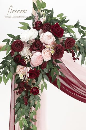 Floroom Arch Flowers with Drapes Kit (Pack of 4) - 2pcs Artificial Burgundy & Blush Floral Swag Arrangement with 2pcs Draping Fabric for Wedding Ceremony Arbor and Reception Backdrop Decoration - color: Marsala & Blush