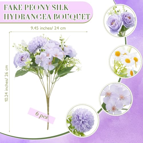 Tigeen 6 Bundles Artificial Bouquet Flowers Artificial Peonies Faux Roses Silk Flowers Hydrangea Bouquet for Wedding Table Centerpiece Floral Vase Decor(Purple) - color: Purple