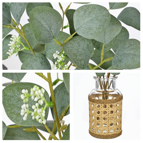 Hollyone Artificial Eucalyptus Stems in Woven Glass Vase with Faux Water, 11.8" Fake Plants Eucalyptus Leaves Branch for Indoor Shelf Desk Home Bathroom Wedding Table Centerpiece Decor - color: Green #3