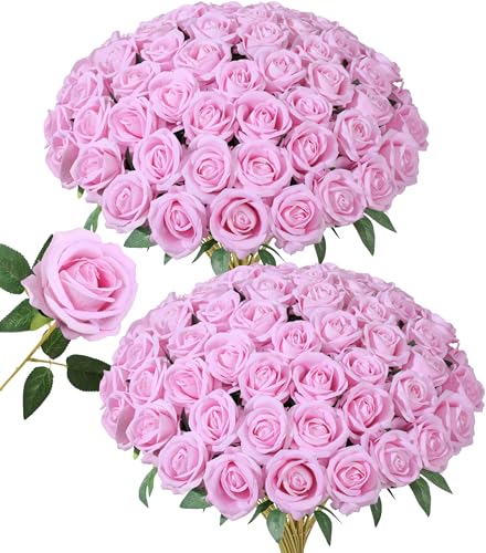 50 PCS Pink Roses Artificial Flowers, Fake Roses with Stem Realistic Silk Roses for DIY Wedding Bouquets Table Centerpieces Arrangements Baby Shower Birthday Home Decor Valentine's Day Gift for Her - color: Pink
