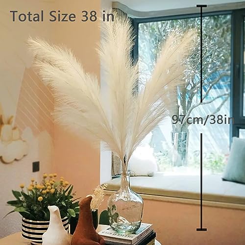 38" 10 Stems White Pampas Grass Tall Decor - Faux Pampas Grass Decor Tall for Floor Vase Boho Home Wedding Mothers Day Decoration - color: A-cream White