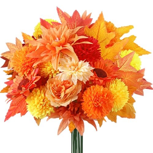 Giegxin 87 Pcs Artificial Thanksgiving Flowers Bouquets Fall Chrysanthemums Ball Flowers Maple Leaf Sunflower Head Accessories for Thanksgiving DIY Wreath Floral Arrangements Table Centerpiece Decor - style: Chrysanthemum