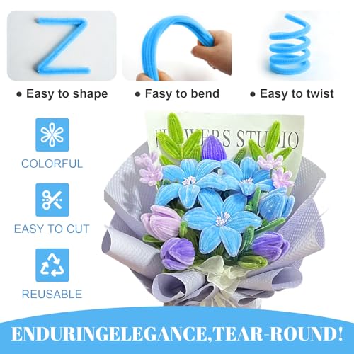 500PCS Pipe Cleaner Flower Kit,Bulk Pipe Cleaners Craft,Chenille Stems with Wrapping Paper for Mother's Day Graduation Birthday Wedding (Blue) - color: Blue