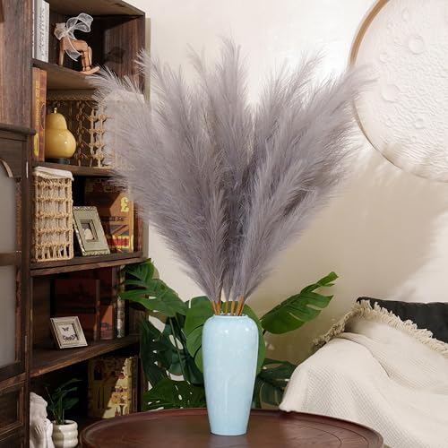 Premium Faux Grey Pampas Grass – 43.3" Tall Fluffy Neutral Decor, 8pcs 18-Branch One-Piece Stems No Assembly, Luxury Silk-Feel Feather Flowers for Modern Minimalist Scandinavian Decor,8 Stems110cm - color: Faux Grey, size: 8pcs 43.3"(110cm)
