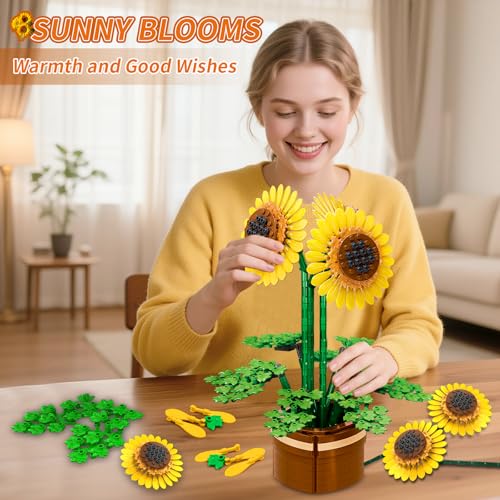 Sunflower Building Set Flowers with Vase, Botanical Collection Kit for Adults - 739PCS Sunflowers Bouquet, Birthday Day Sunflower Gifts for Adults Women