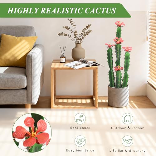 30inch Fake Cactus with Red Flowers, Faux Desert Cacti Fake Cactus Plant, Lagre Artificial Succulents Plants for Indoor and Outdoor Home Office Decor