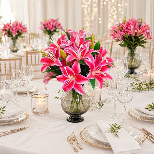 ATFL Artificial Lilies Flowers,9 Pcs Faux Lily Flowers,16''Tiger Lily Branches with 2 Full Blooms and 1 Bud,Faux Fake Lilies Plants for Wedding Bouquet Floral Arrangements (9, hot Pink) - color: Hot Pink