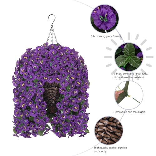 HyeFlora Artificial Faux Hanging Flowers Plants Basket for Outdoor Outside Porch Decoration, UV Resistant Fake Silk Purple Morning Glory Trailing Vines Realistic for Summer Home Balcony Yard Patio - color: Purple Morning Glory