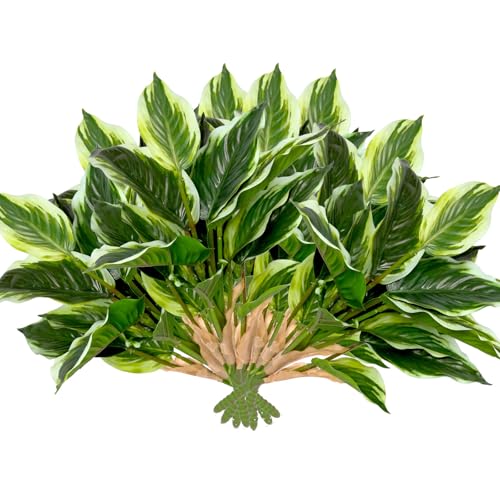 8 Pcs Artificial Hosta Plants, 16" Fake Tropical Green Plants, UV Resistant, Realistic Faux Green Leaf Stems for Home Offices Outdoor Porch Patio Balcony Garden Indoor Table Decor - color: White Edge, size: 8 Pcs