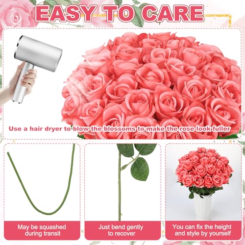 36 Pcs Deep Pink Artificial Roses with Long Stems, Fake Silk Rose Artificial Flowers Bulk for Bridal Wedding Bouquet Centerpiece Ball Arrangement Party Decor - color: Deep Pink