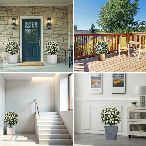 Set of 2 Artificial Cypress Topiary Ball Trees with White Mum Flowers, 24" H UV Resistant Faux Outdoor Plants with 7" H Ground Spike, Fake Round Shrubs for Porch, Patio, Garden Decor - color: Boxwood-daisy