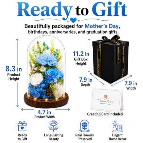 Preserved Flowers in Glass, Preserved Rose with 1 Carnation & 2 Roses, Eternal Real Flowers for Women Mom Grandma, Forever Rose Bouquet for Anniversary Birthday Mother's Day Lasts 3-5 Years - color: Blue