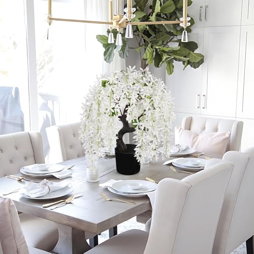Artificial Flowers 18.5" Tall with Silk Wisteria White Flower Arrangement and Realistic Wood Fake Bonsai Tree Plants Faux Plants for Spring Home Bedroom Office Bathroom Coffee Table Centerpiece Decor - color: White-18.5