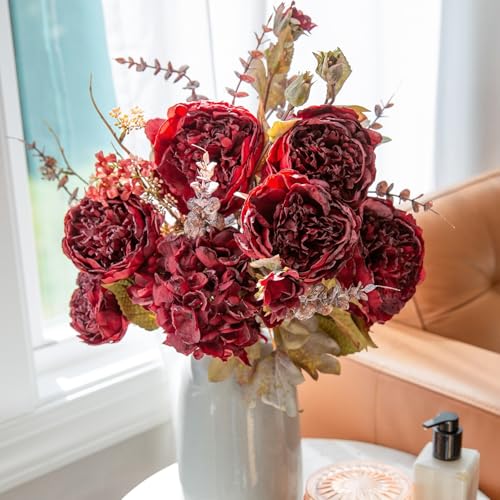 Ivydale Peony Artificial Flowers Bouquet 17.7" Faux Silk Arrangements Fake Peonies Plants Bulk Look Real Dining Table Centerpieces for Home Kitchen Wedding Party Decor, No Vase (Red) - color: Red