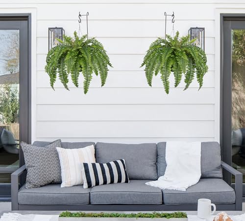 Hollyone 33" Artificial Boston Fern Hanging Basket Large 39 Leaves Fake Ferns in Rattan Pot Greenery Plants for Outdoors & Indoor Faux Fern Bush Basket Plant Patio Garden Home Decor Green - color: Hanging Basket - Green Large