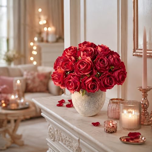 Ivydale 18pcs Red Roses Artificial Flowers, Fake Roses Silk Flowers with Stems Realistic Bouquet for Wedding Party Mother's Day DIY Centerpiece Floral Romantic Gifts - color: Rose-red
