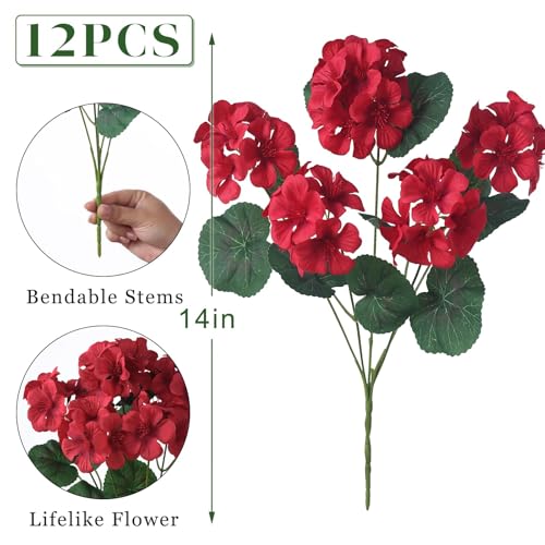 GLIDLION 12 Bundles Artificial Geranium Flowers for Spring Summer Decor, UV-Resistant Fake Plants Realistic Faux Silk Bouquets for Front Door Farmhouse Garden Porch Home Outdoor Decor (Red) - color: Red