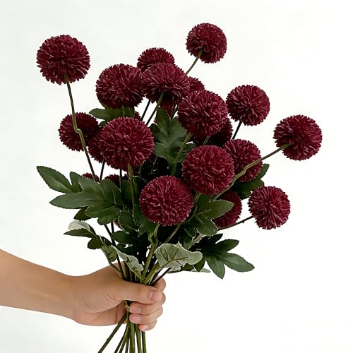 5PCS Burgundy Artificial Flowers Dandelion Ball Floral Stems, 5 Head Real Touch Faux Flowers for Vase Filler Spring Home Decor Easter Decorations Farmhouse Centerpiece Wedding Arrangements - color: 5pcs Burgundy