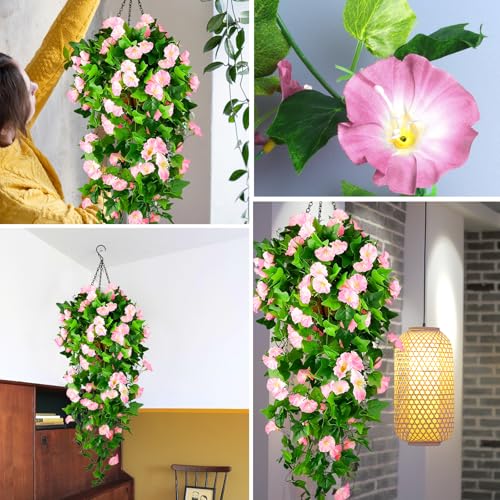Artificial Fake Hanging Flowers Plants Basket for Spring Outdoor Outside Decoration, UV Resistant Faux Plastic Fabric Flower Morning Glory Wisteria Petunia for Garden Porch Patio Balcony Yard Decor - color: Pink