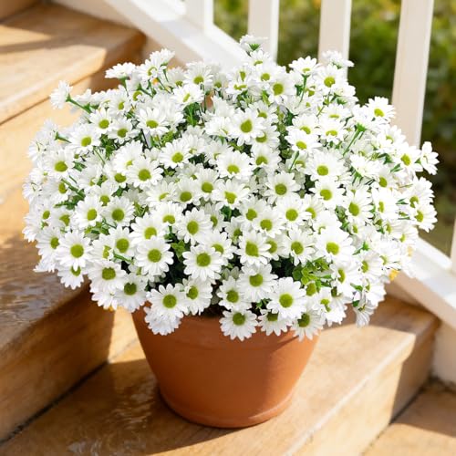 16 Bundles Silk Daisy Artificial Flowers for Outdoors UV Resistant Fake Daisies Plastic Plants Flower for Home Outside Front Door Porch Garden Patio Planters Decoration (White) - color: White