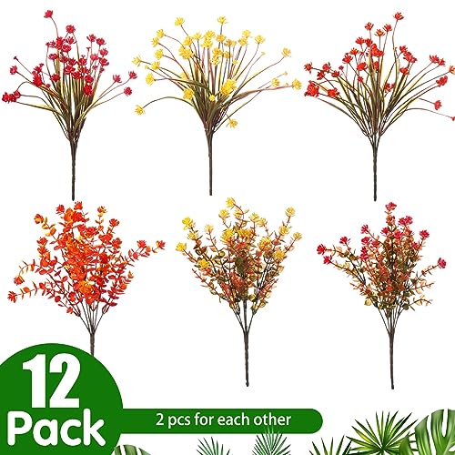 WILLBOND 12 Bundles Artificial Flowers Outdoor, UV Resistant Faux Artificial Plants Shrubs Plastic Flower Bulk for Hanging Planter Porch Window Home Spring Summer Decor(Red, Yellow, Bright Orange) - color: Red, Yellow, Bright Orange