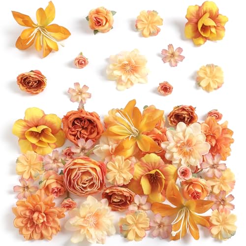 rongflower Fake Flower Heads for Crafts - Orange Silk Artificial Roses, Peonies, Daisies & Mini Floral Heads Bulk (48-Pack) for Wedding Decor, Graduation Cap, Cake Topper, Baby Shower, Home Decoration - color: Orange