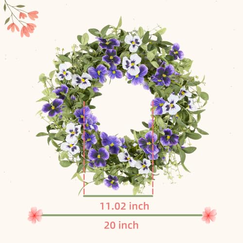 YNYLCHMX 20" Spring Summer Wreaths for Front Door, Artificial Floral Wreath with Purple Pansy Flowers Green Eucalyptus Leaves, Green Foliage Wreath for Wall Window Farmhouse Party Holiday Home Decor - color: Purple Pansy Flowers