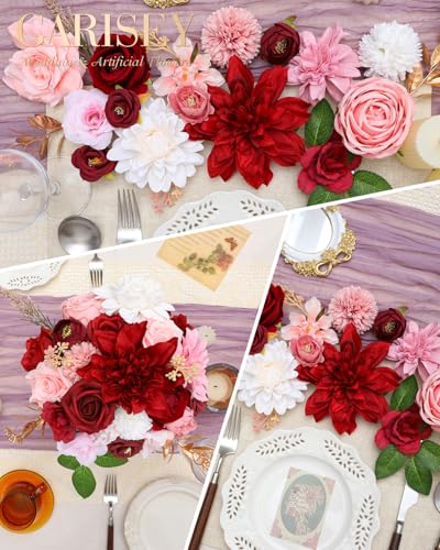 Garisey Artificial Flowers Combo, Mix Silk Flowers Roses, Peonies, Dahlias with Stems for DIY Wedding Bridal Bouquets, Baby Shower, Table Centerpieces, Home Decor, Fake Floral Arrangements-Red&Pink - color: Red&pink