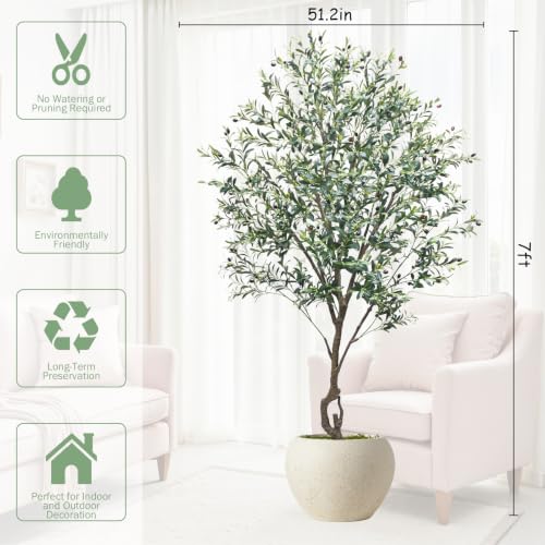 Caxchiling Large Artificial Olive Tree 7FT, Fake Tree for Indoor Outdoor, Lifelike Tall Floor Plants with Heavy Trunk and Ball-Shaped Pot, Home Office Decor for Living Room Bedroom Doorway Hallway - color: Olive, size: 7ft