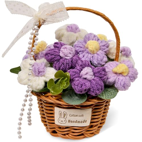 Crochet Sunflowers Bouquet, Handmade Knitted Sunflower Basketed for Mom, Friends, Teacher Appreciation Gifts, Desk Decor, Christmas, Graduation, Cute Birthday Gifts for Woman (Basket Purple) - color: Basket Purple