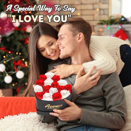ADDWel Preserved Real Red and White Roses Bouquet for Her Anniversary, Mothers Day Flower Gifts for Women, 16-Pieces Eternal Roses that Lasts for 3 Years in Heart-Shape Box for Wife Girlfriend Mom - color: Red & White - 16 Roses