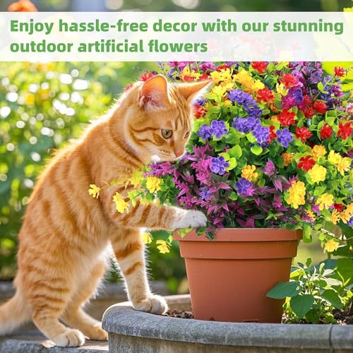 36 Bundles Artificial Flowers for Outdoors UV Resistant, Artificial Flowers Outdoor Decoration, No Fade Faux Fake Flowers Greenery Shrub Plants for Garden Home Front Porch Window Hanging Decor - color: Red+rose Red+purple+yellow, size: 36 Bundles