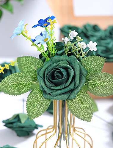 50pcs Artificial Flower，Real Touch Foam Roses w/Stem DIY for Wedding Bouquet Centerpieces Party Shower Home Decor-Green boxpack - color: Green