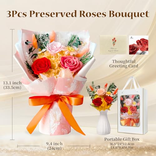 Cyrabota Preserved Roses Bouquet with Vase,3 Real Eternal Roses, Long Lasting Forever Flowers, Valentine Mother Day Christmas Birthday Gift for Women Mom Wife Girlfriend, Orange Roses - color: Orange