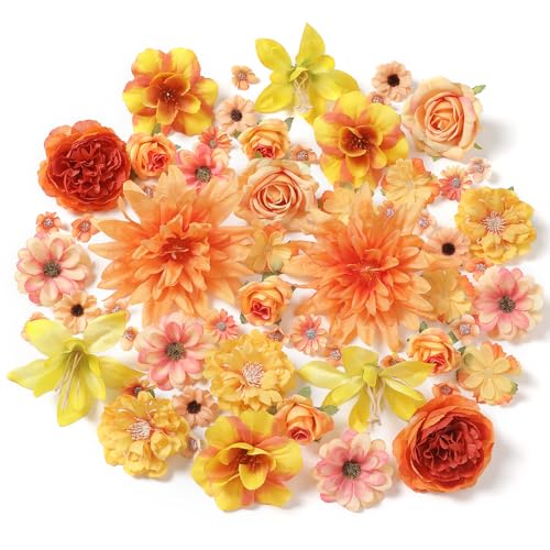 Fake Flower Heads Bulk - Orange Silk Daisy & Rose Fall Artificial Flower for Crafts, DIY, Graduation Cap, Wedding, Party, Cake Topper, Home Garland Decor - color: Orange