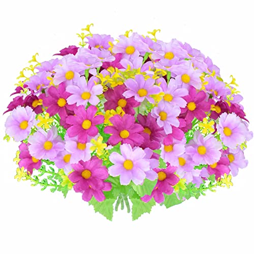 Artificial Daisy Flowers 6 Bundles, UV Resistant Fake Silk Flowers, No Fade Greenery Shrubs Plants for Garden Farmhouse Porch Wedding Indoor Outdoor Home Decor (Purple) - color: Purple